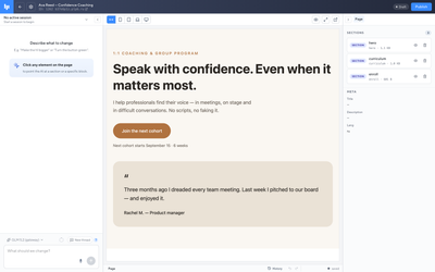 Flagmer visual editor: a coaching landing page open in the editor with an AI copilot panel